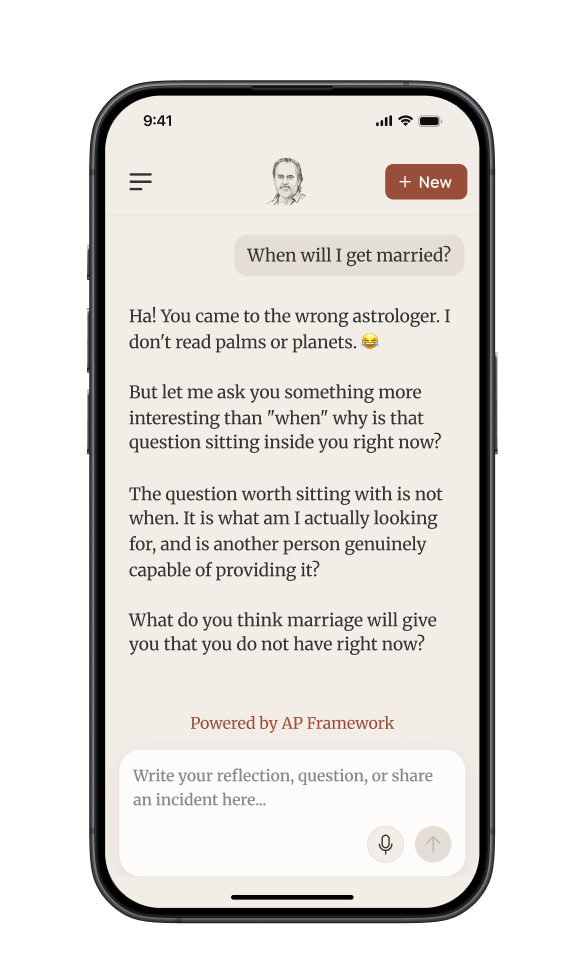 AP Mirror chat showing a response — no judgement, no advice, only reflection
